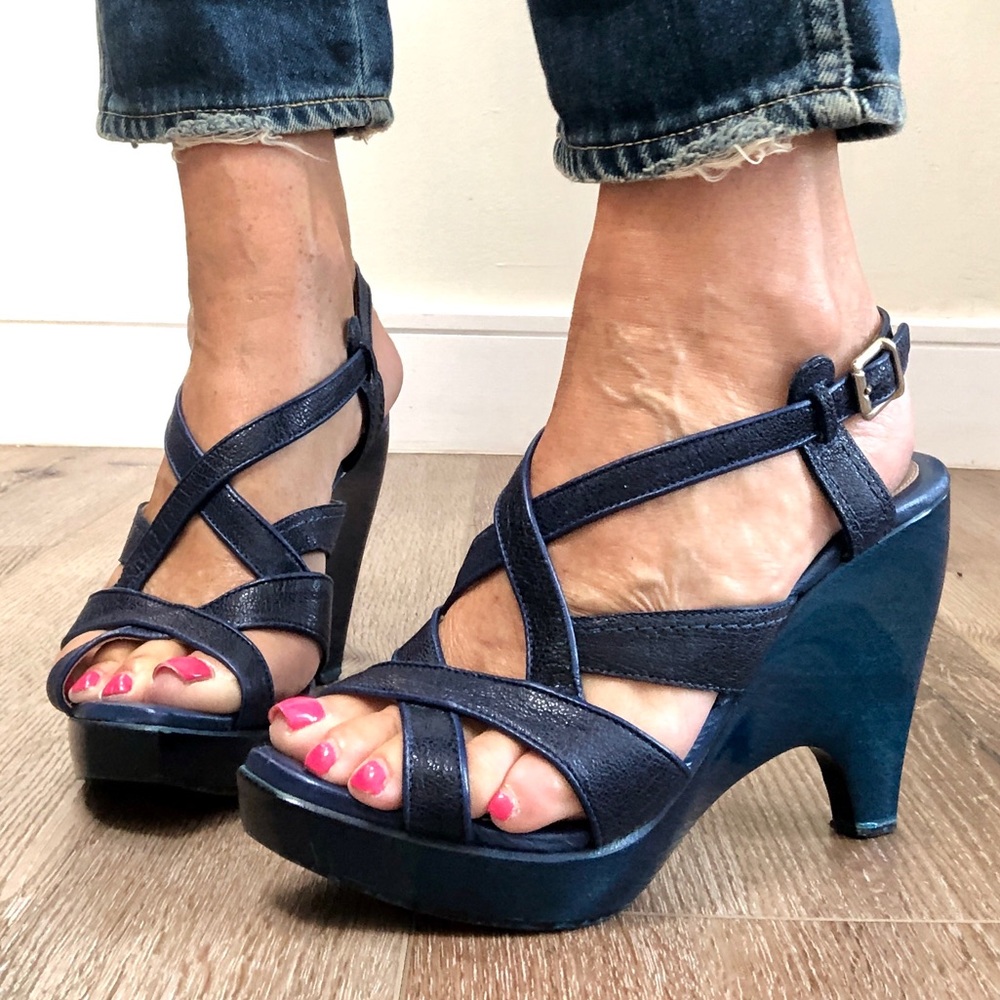 Costume National blue leather wedge heel sandals